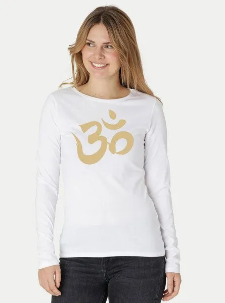 Peaces.bio - handbedruckte Biomode Peaces.bio - handbedruckte Biomode Bio-Damen-Langarmshirt "OM", Weiss, – Produktbild 2 von 3