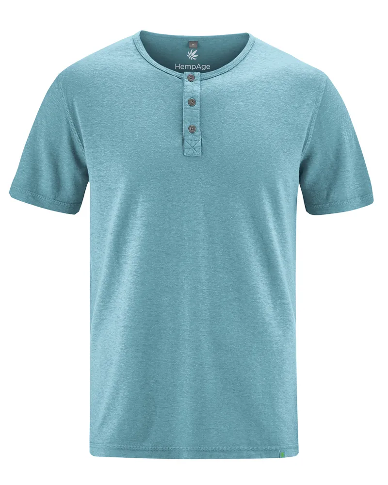 HempAge Hempage Herren vegan Einfarbiges Henley T-Shirt Wave In Blau, Blau, – Produktbild 1 von 2