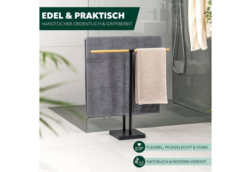 eluno Handtuchständer Stand-Handtuchhalter Handtuchständer freistehend, 2 Stangen Bambus, freistehend, Schwarz, – Produktbild 2 von 5