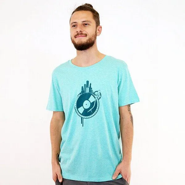 Spangeltangel Spangeltangel T-Shirt "Weltscheibe", Herren, bedruckt, Siebdruck, Schallplatte und Erdkugel, Türkis, – Produktbild 1 von 3