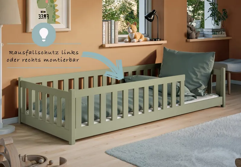 Kids Collective Kinderbett Bodenbett Bett mit Rausfallschutz & Lattenrost Montessori Bett Kinder (Jungen, Mädchen, Kinder, weitere Größen 80x160, 80x180, 90x190, 120x200, 140x200 cm), Jugendbett Gitterbett Einzelbett, olivgrün Kiefer 90x200 cm, Grün, – Produktbild 4 von 5