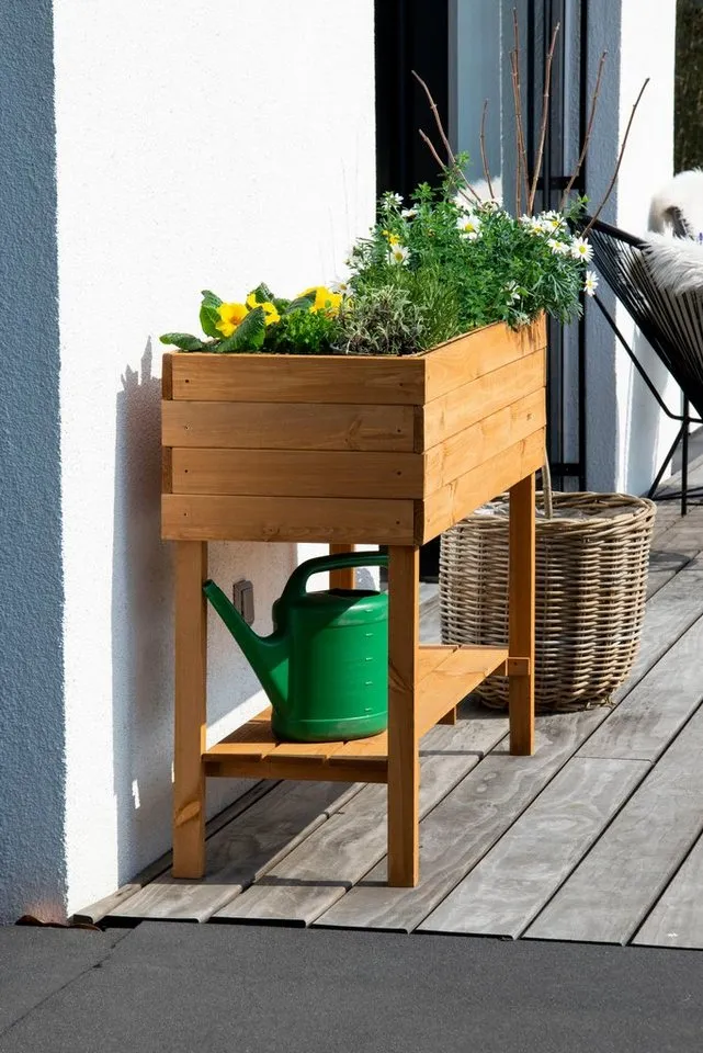 Dobar Dobar Hochbeet, mit Ablage, inkl. Pflanzfolie, wetterfest lasiert, Braun, – Produktbild 4 von 5