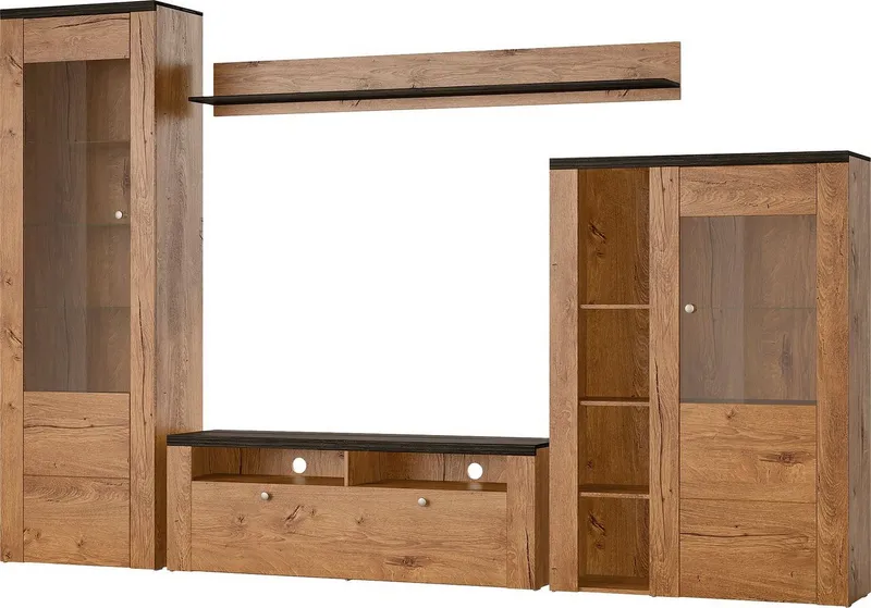 OTTO home Wohnwand Larona, Anbauwand, Set 4 Teilig, (Set, 4-St), bestehend aus 1 TV-Board, 1 Highboard, 1 Vitrine, 1 Wandregal, Braun, – Produktbild 2 von 5