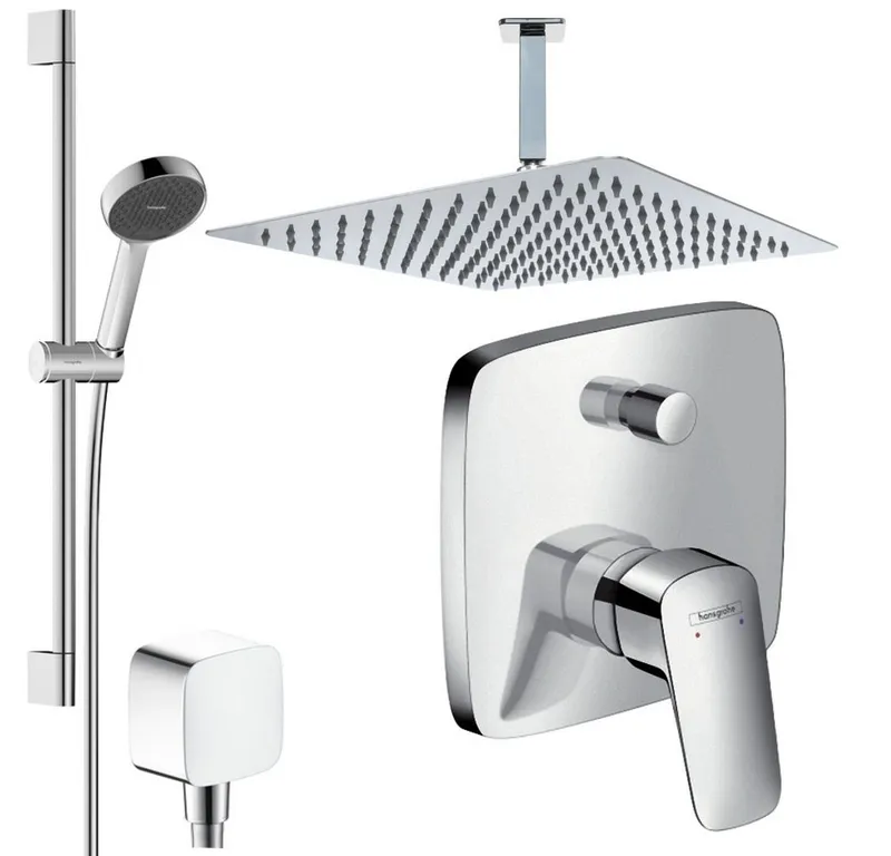 Hansgrohe und Jowi Duscharmatur Logis, Unterputz Duschsystem, Regendusche mit Deckenanschluss (Unterputz-Duschsystem, Set) Kopfbrause und Deckenanschluss aus Edelstahl, Silberfarben, – Produktbild 1 von 1