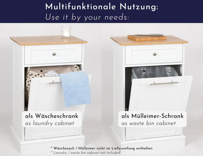 WONDERMAKE Wäschebox Mülleimer-Schrank Wäscheschrank Wäschesammler mit Schublade, Bad Küche, hoch aus Holz + Bambus, Wäschetruhe Abfallschrank ausklappbar klappbar, Weiß, – Produktbild 3 von 5