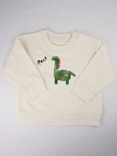 MelaDi Meladi Kinder Baby - Sweater aus Biobaumwolle - Dino auf Natural Raw, Weiß, – Produktbild 5 von 8