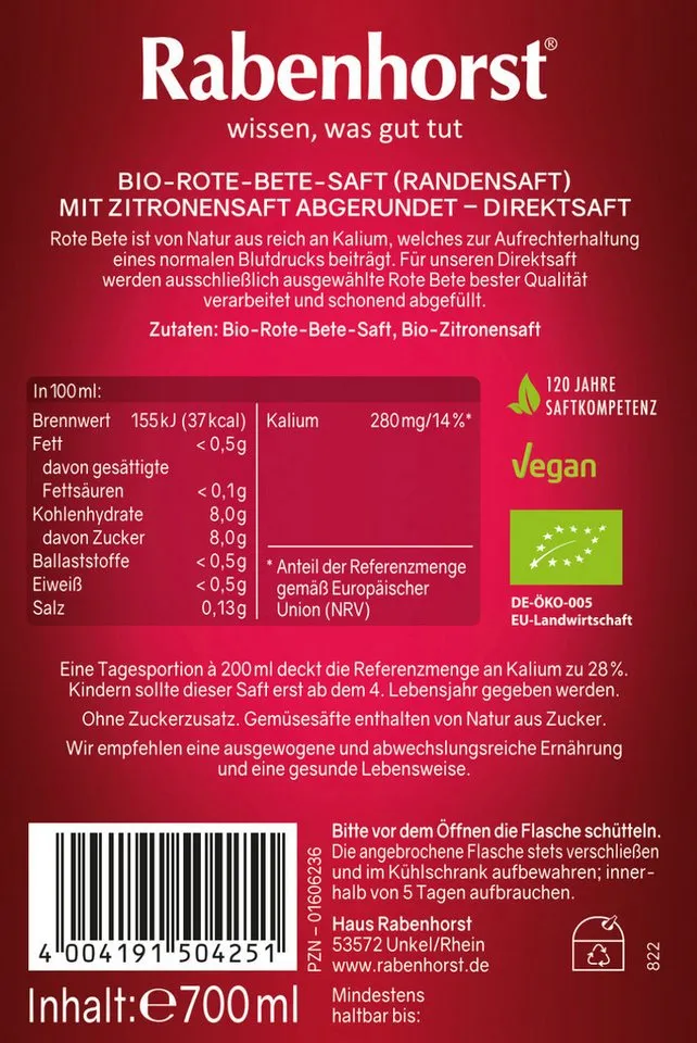 Haus Rabenhorst Saft Rabenhorst Rote Bete BIO 6er Pack (6 x 700 ml), 0,7 l, 6 St. – Produktbild 4 von 5