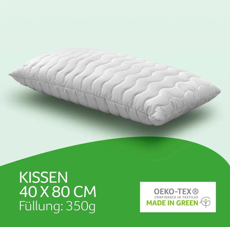 John Cotton Kopfkissen Julia, Kissen ist Made in Green, Füllung: Polyester, Bezug: 100% Polyester, Seitenschläfer, Bauchschläfer, Rückenschläfer, Kopfkissen 40x80 cm, 80x80cm, kochfest 95°C, sehr flauschig, Weiß, – Produktbild 7 von 7