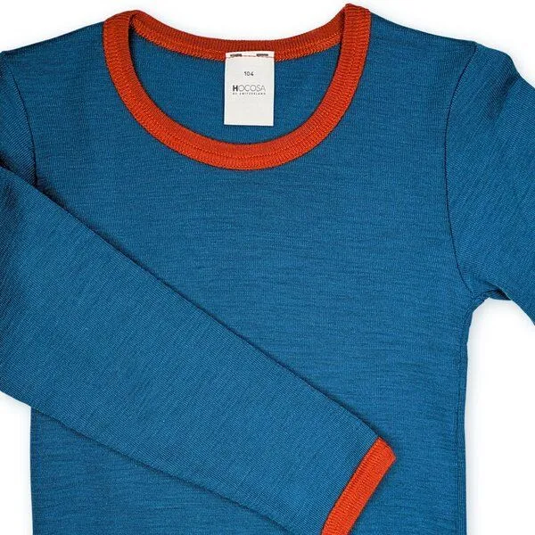 Hocosa Hocosa Kinder Langarm Shirt Wolle Seide, Meerblau/orange, – Produktbild 2 von 3