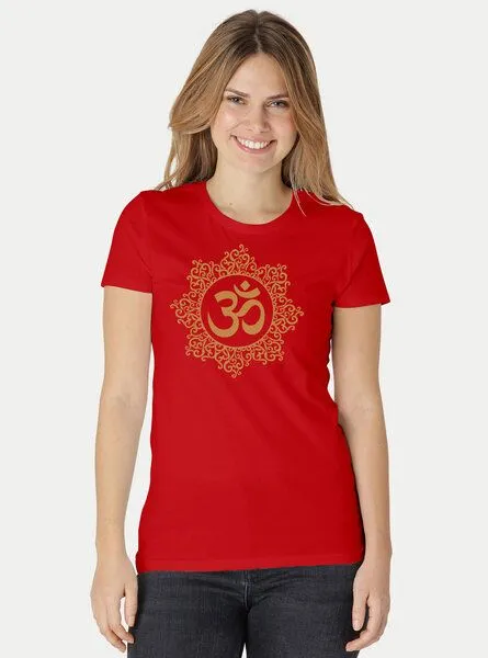 Peaces.bio - handbedruckte Biomode Peaces.bio - handbedruckte Biomode Bio-Damen-T-Shirt "Classic Om", Rot, – Produktbild 2 von 2