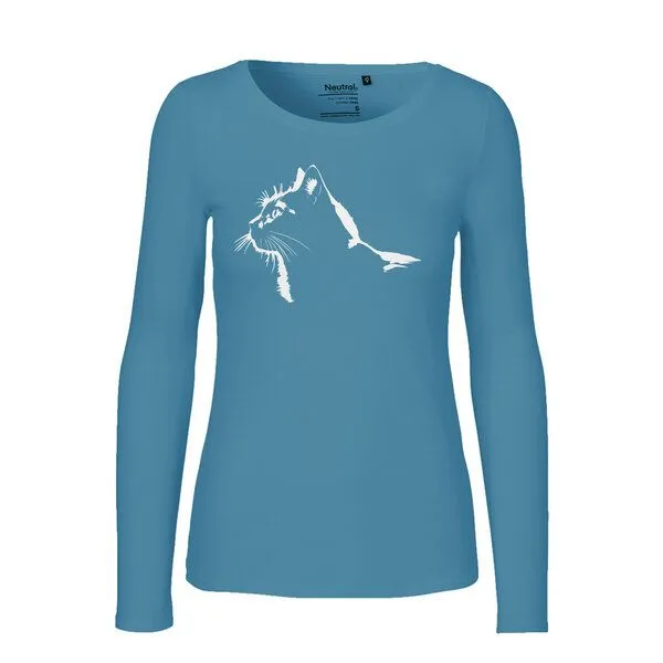HANDGEDRUCKT HANDGEDRUCKT "Stubentiger" Frauen Longsleeve aus reiner Biobaumwolle (kbA), Dusty indigo, – Produktbild 1 von 2