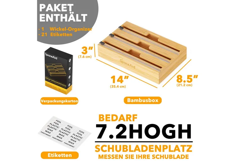 SpaceAid Folienspender Folienspender Mit Cutter, (2 in 1 Kunststofffolie, Aluminiumfolie und Wachs-Bambusspender), für Küche, Aufbewahrung – Produktbild 3 von 5
