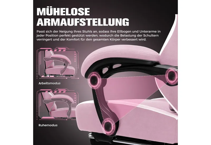 GTPLAYER Gaming-Stuhl Ergonomischer Gaming Sessel Schreibtischstuhl aus Stoff/Kunstleder (Packung), Federsitzkissen mit Fußstütze, Rosa, – Produktbild 5 von 5