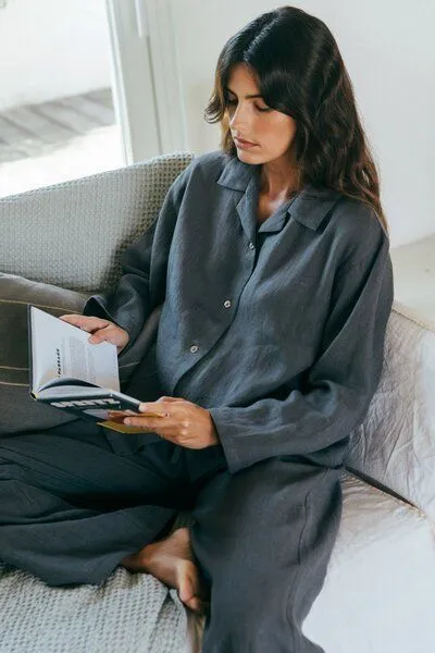 AmourLinen AmourLinen Langarm-Pyjama-Set Snooze, Charcoal (schwarz), – Produktbild 4 von 4