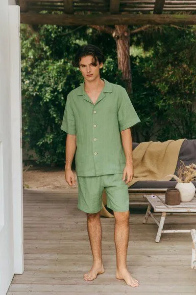 AmourLinen AmourLinen Leinen loungewear shorts set ASPEN, Matcha grün, – Produktbild 2 von 4
