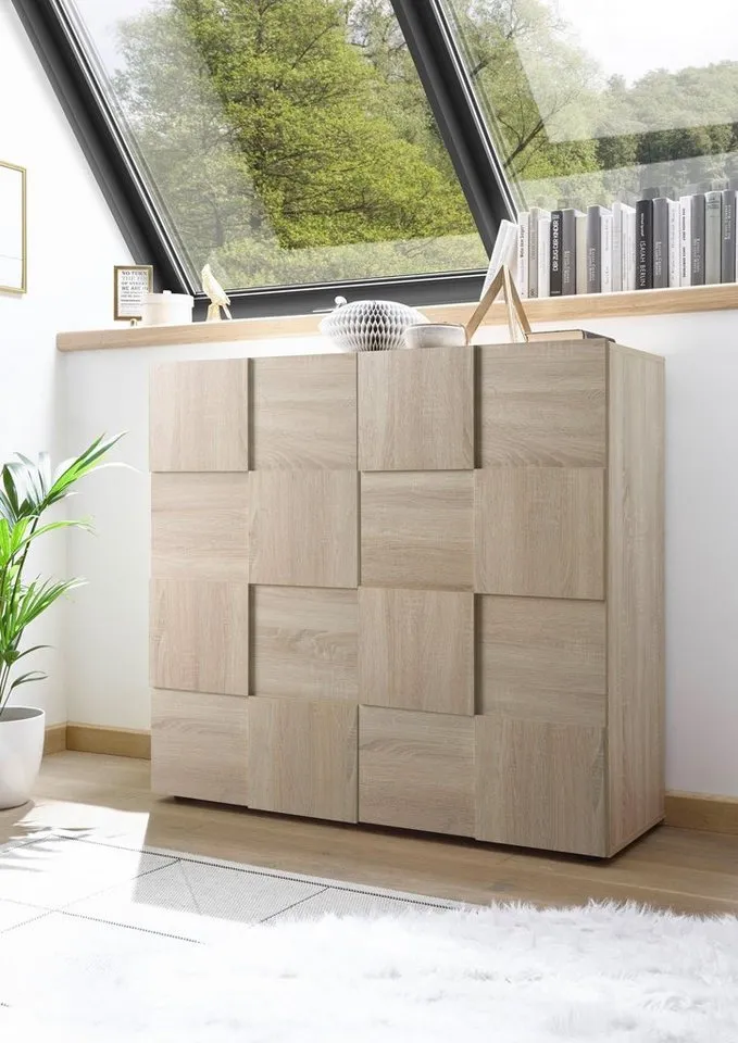 Home affaire Highboard Dama Höhe 111 cm, Breite 121 cm, Kommode 2 Türen, Hochkommode, Front in 3D-Optik, viel Stauraum, verschiedene Farben, Beige, – Produktbild 3 von 5