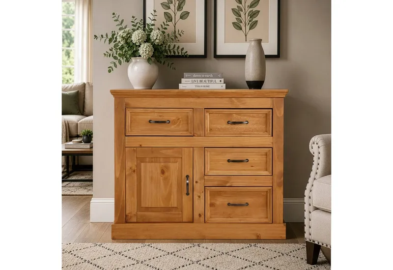 OTTO home Sideboard Selma Kommode mit 1 Tür, 3 Schubläden und 2 Fächer, Metallgriffe, aus massivem Kiefernholz, natürlichen Maserung, Breite/Höhe 100/87 cm, Beige, – Produktbild 2 von 5