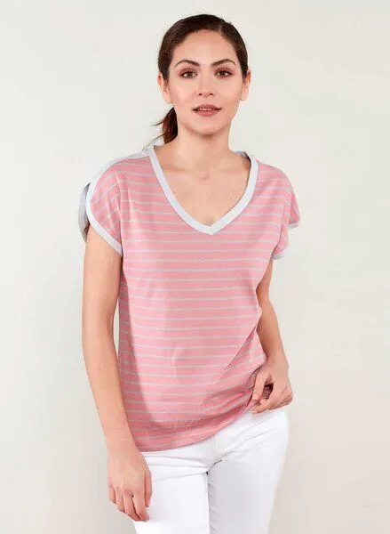 ORGANICATION ORGANICATION Gestreiftes T-Shirt mit V-Ausschnitt und längerem Rückenteil, Peachy & grey, – Produktbild 3 von 4