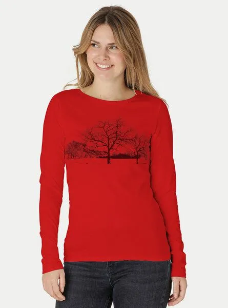 Peaces.bio - handbedruckte Biomode Peaces.bio - handbedruckte Biomode Damen Langarmshirt Landscape, Rot, – Produktbild 1 von 2