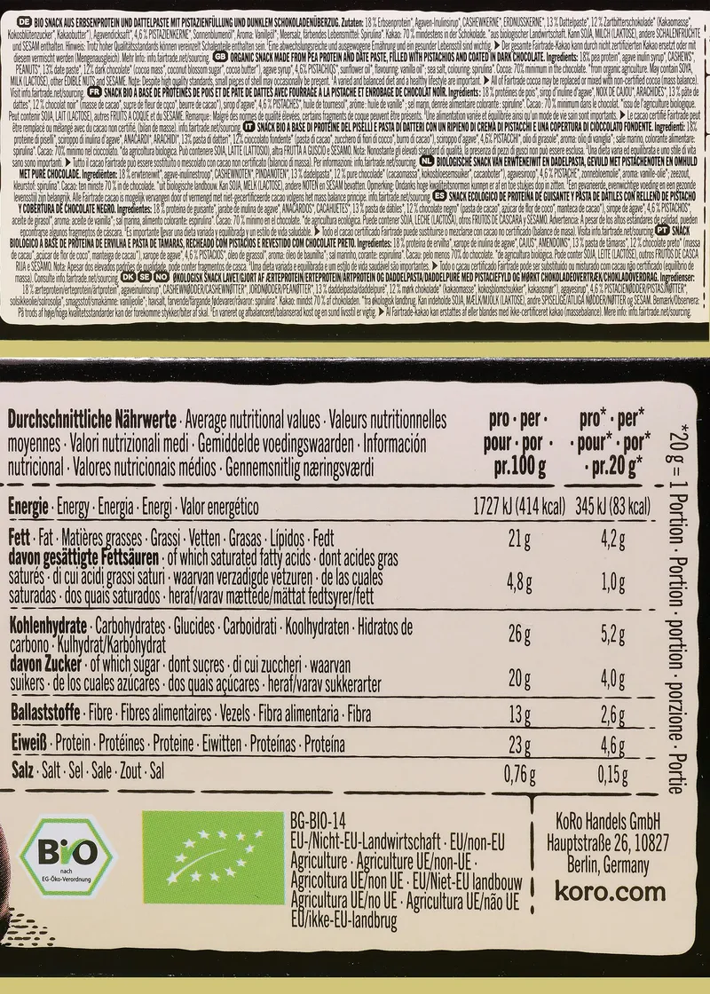 KoRo Bio Protein Duo Dark Choc Pistachio | 12 x 2 x 20 g – Produktbild 5 von 5