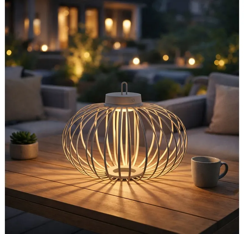 JUST LIGHT JUST LIGHT LED Außen-Tischleuchte, LED-Leuchtmittel fest verbaut, Warmweiß, Tischleuchte Pendellampe LED Akku Bambus greige USB Touchdimmer, Beige, – Produktbild 4 von 5