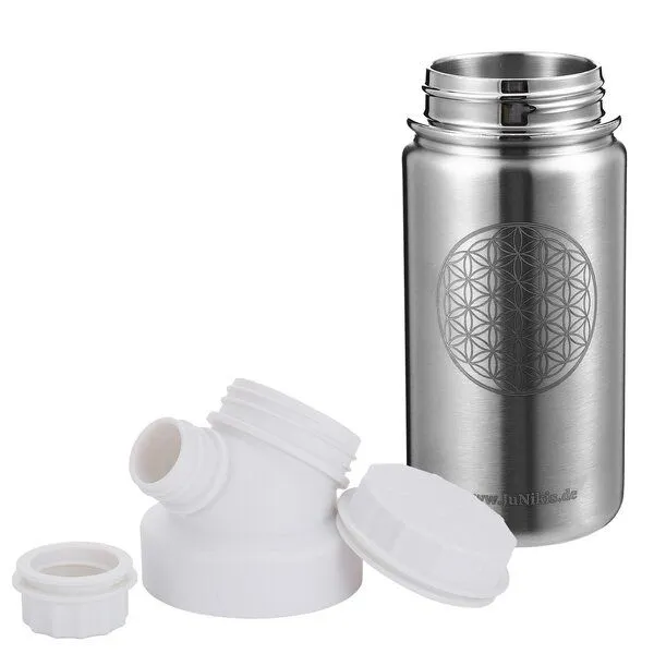 JN JuNiki's JN JuNiki's "Blume des Lebens" Edelstahl Trinkflasche 420ml mit Double Neck Deckel, Weiss, – Produktbild 1 von 2