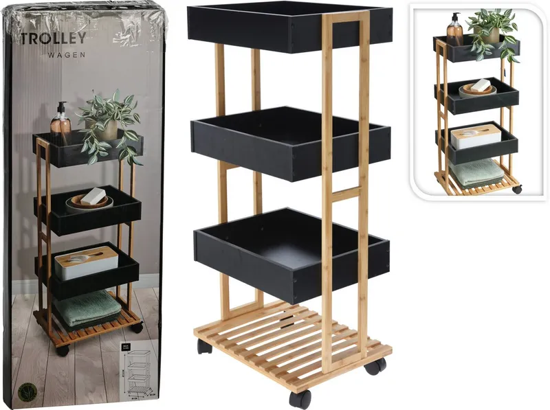 Koopman Badregal Schwarz Holz Aufbewahrung Bambus 84cm Ablage Bad, Stück 1-tlg., 4 Etagen, Schrank, Handtuchhalter, Badezimmer, 84cm hoch, Braun, – Produktbild 1 von 4