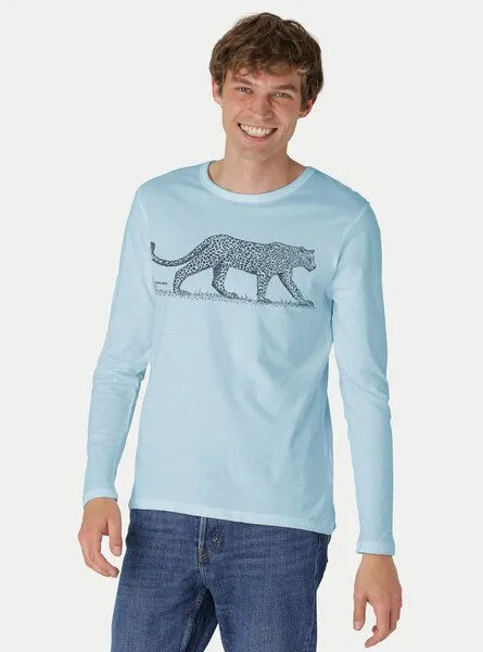 Peaces.bio - handbedruckte Biomode Peaces.bio - handbedruckte Biomode Bio-Herren-Langarmshirt "Leopard", Hellblau, – Produktbild 2 von 3