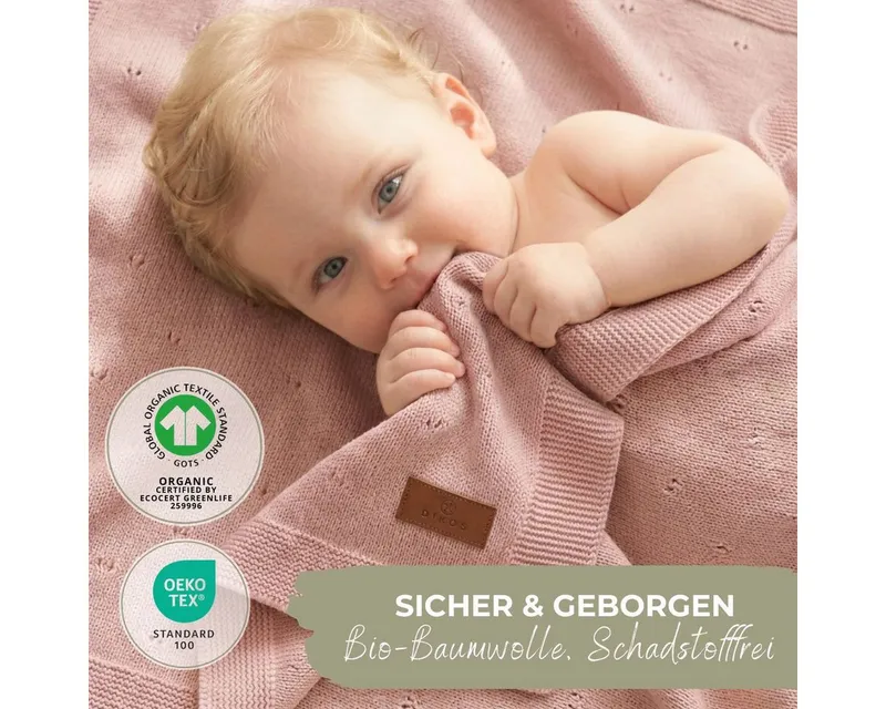 Babydecke DIKOS® aus *100%* Bio Baumwolle, Strickdecke, Geschenk zur Geburt, DIKOS, PREMIUM Qualität, Sommerdecke Ajour, 75x100, atmungsaktiv, weich, Rosa, – Produktbild 5 von 5