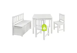 bomi bomi Kindersitzgruppe Holzsitzgruppe Anna, (Set, 4-tlg., 1x Tisch, 1x Truhenbank & 2x Stühle), Kindertischgruppe aus Holz, als Spiel- & Maltisch – Produktbild 1 von 1