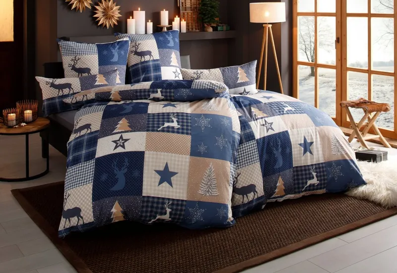 OTTO home Bettwäsche Nicholas, Biber, 2 teilig, Weihnachtsbettwäsche, Winter, in 3 Qualitäten verfügbar, Blau, – Produktbild 1 von 4