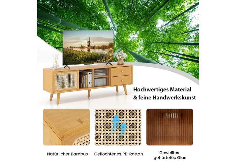 COSTWAY COSTWAY TV-Schrank mit 2 Schiebetüren, Glas und Bambus 2 Schubladen 140cm, Beige, – Produktbild 4 von 5