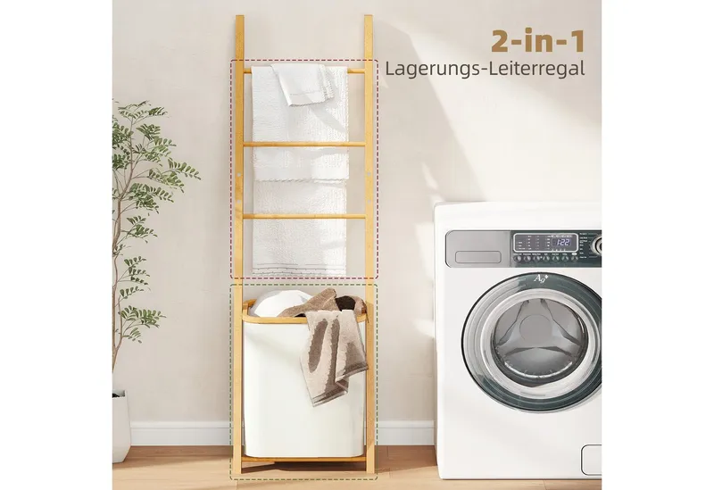 HOMCOM HOMCOM Badregal Handtuchhalter Handtuchständer mit 48L-Wäschekorb, Handtuchleiter, 2-in-1 Badezimmerregal 1-tlg., aus Bambus für Wohnzimmer, Badezimmer, Cremeweiß, 43 x 35 x 133 cm, Weiß, – Produktbild 4 von 5