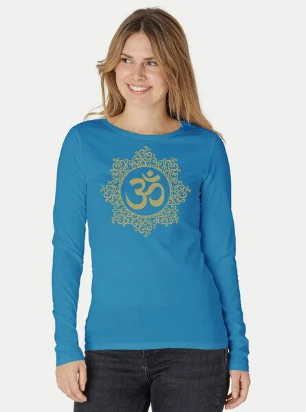 Peaces.bio - handbedruckte Biomode Peaces.bio - handbedruckte Biomode Bio-Damen-Langarmshirt classic OHM, Türkis, – Produktbild 3 von 3