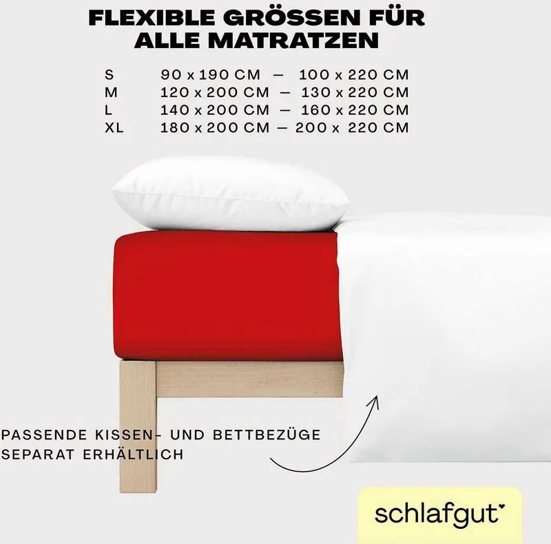 Schlafgut Schlafgut Spannbettlaken EASY JERSEY ELASTHAN Bettlaken, 170 g/m², 95% Baumwolle, 5% Elasthan, Jersey, Gummizug: rundum, (1 Stück), Spannbettlaken bis 30 cm Höhe, bügelfrei, pflegeleicht, perfekter Sitz, Rot, – Produktbild 1 von 5