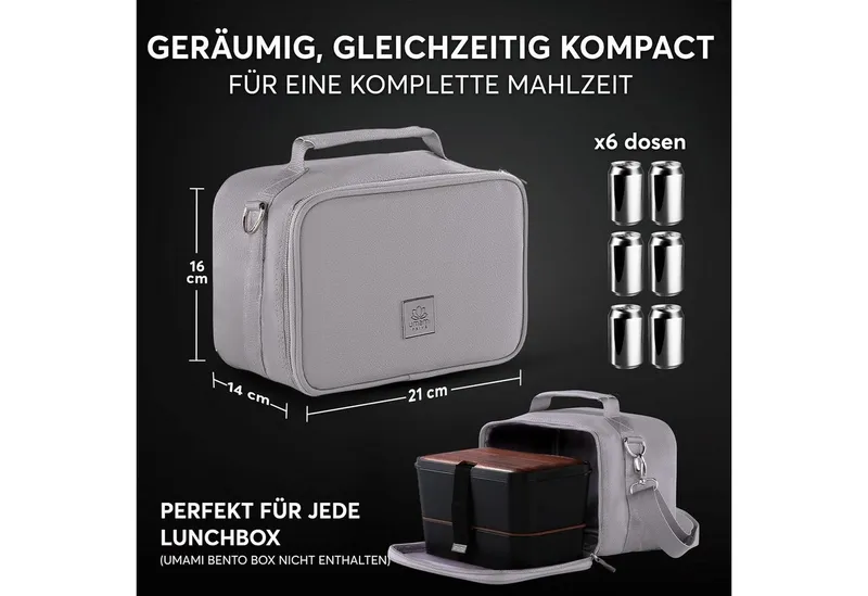 UMAMI Kühltasche 4L, Lunchbag für Arbeit, Reisen, Büro, Picknick, Mini-Lunchbag Isoliert aus veganem Leder, Faltbare Lunchtasche, Grau, – Produktbild 3 von 5