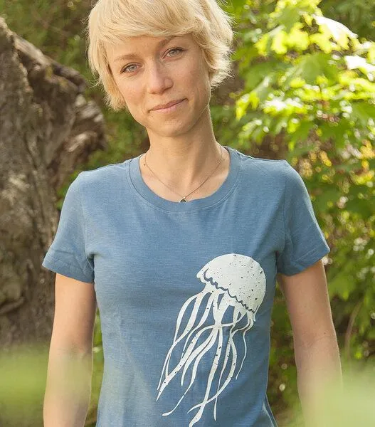 päfjes päfjes Qualle Jellyfish - Frauen T-Shirt - Fair gehandelt aus Baumwolle Bio - Slub Blau – Produktbild 3 von 4