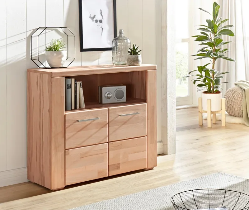 OTTO home Kommode Celle, 90cm breit, 35cm tief, Fronten Massivholz, Holz massiv, Holzwerkstoff, Metall Griffe,3 breite Fächer, Braun, – Produktbild 2 von 8