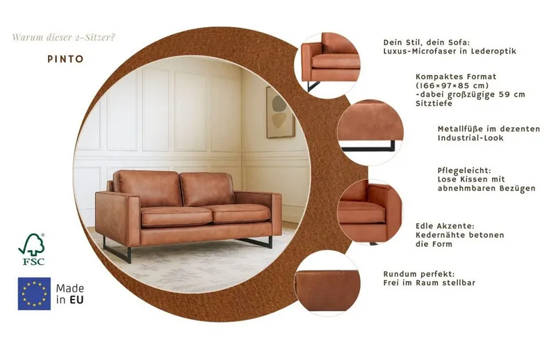 OTTO home 2-Sitzer Pinto, 166 cm, Cord, Chenille, Lederoptik, mit Keder, schwarze Metallfüße, Wellenunterfederung, Braun, – Produktbild 3 von 5