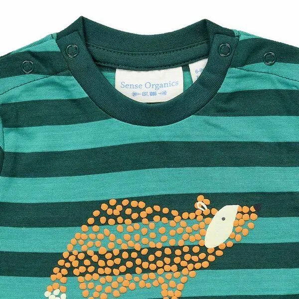Sense Organics Sense Organics Baby Langarmshirt, Modell ELAN, Petrolgrün geringelt mit waschbär, – Produktbild 3 von 4