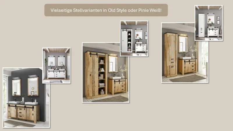Home affaire Waschtisch SHERWOOD, Waschbeckenunterschrank inkl. Waschbecken (1-St), in 2 Farben verfügbar, Scheunentorbeschlag & Apothekergriff aus Metall, Weiß, – Produktbild 5 von 8