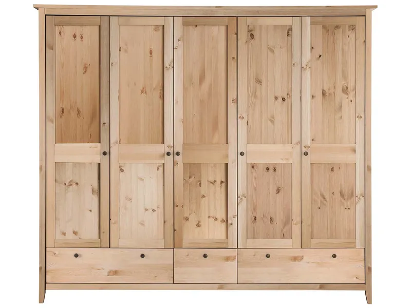 Kleiderschrank "Solvita" 5-türig, 2 große, 1 kleine Schublade, Kiefer gelaugt – Produktbild 1 von 1