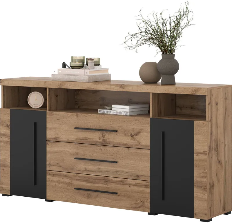 OTTO home Sideboard Roger,Breite 182cm, stilvolle Schrank, 2 Holztüren 3 Schubladen, Kommode mit viel Stauraum, Einlegeböden verstellbar, Beige|schwarz, – Produktbild 1 von 5