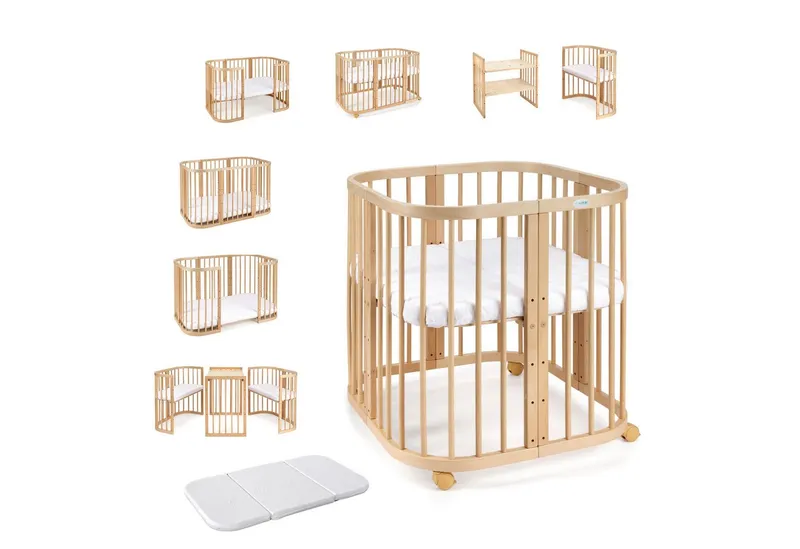 Waldin Waldin Babybett 7in1 mitwachsend, Beistellbett, Matratze, Rollen, Beige, – Produktbild 4 von 8