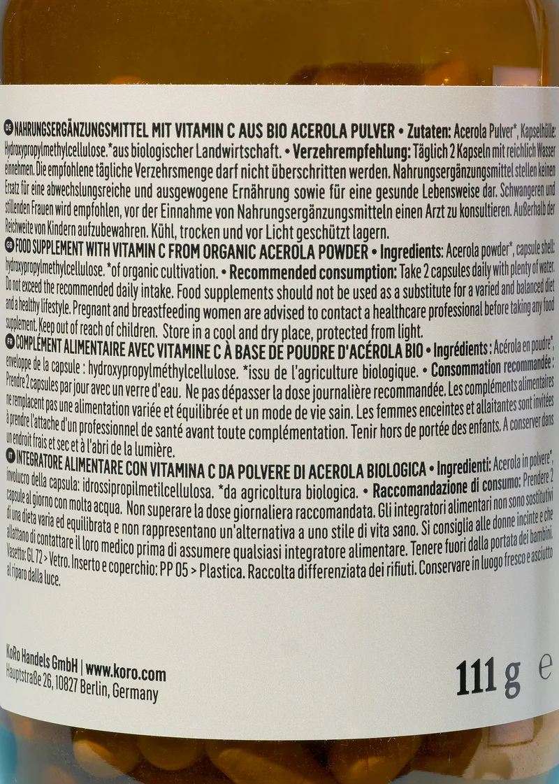 KoRo Natürliches Vitamin C aus Bio-Acerola Kapseln 180 Stück – Produktbild 5 von 5