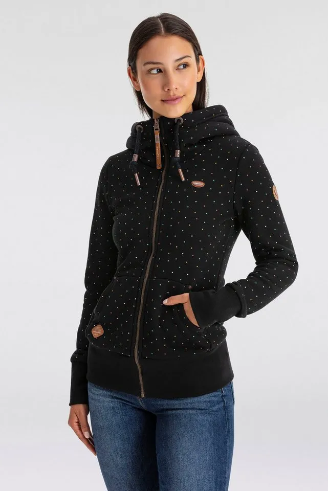 ragwear ragwear Kapuzensweatjacke figurbetont mit gepunktetem Allover-Print und großer Kapuze, Schwarz, – Produktbild 3 von 4