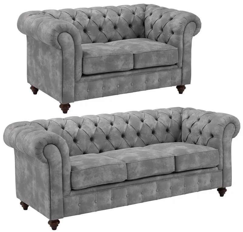 OTTO home Sitzgruppe Chesterfield, (2-tlg), hochwertige Knopfheftung, bestehend aus 2- und 3-Sitzer, Grau, – Produktbild 1 von 8