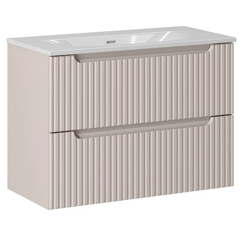 Lomadox Waschtisch NEWPORT-56-CASHMERE, 81cm mit Keramikwaschbecken, kaschmir, gerillte Front, Beige|weiß, – Produktbild 1 von 5