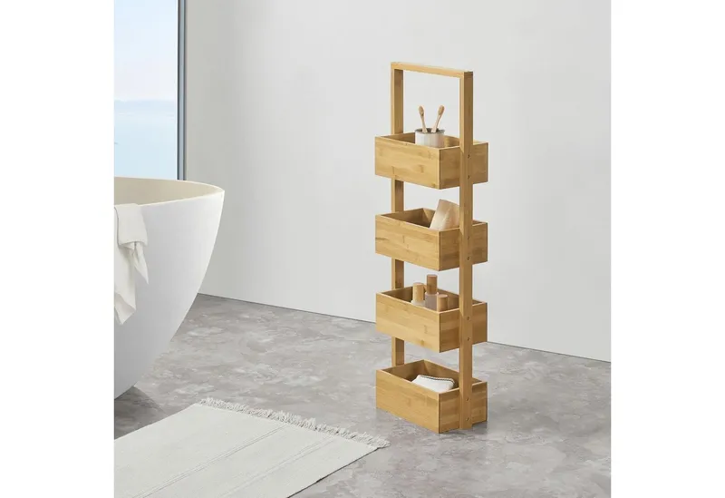 en.casa Standregal, Bardu Bambusregal 28x16x88cm mit 4 Ablagefächern, Beige, – Produktbild 2 von 3