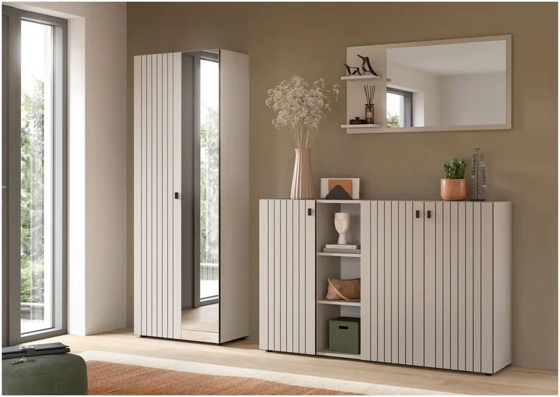 xonox.home Garderoben-Set, (3-tlg. Garderobenschrank, Schuhkommode & Garderobenspiegel), in Kaschmir Nachbildung B/H/T ca.: 235/192/37 cm, Braun, – Produktbild 5 von 5